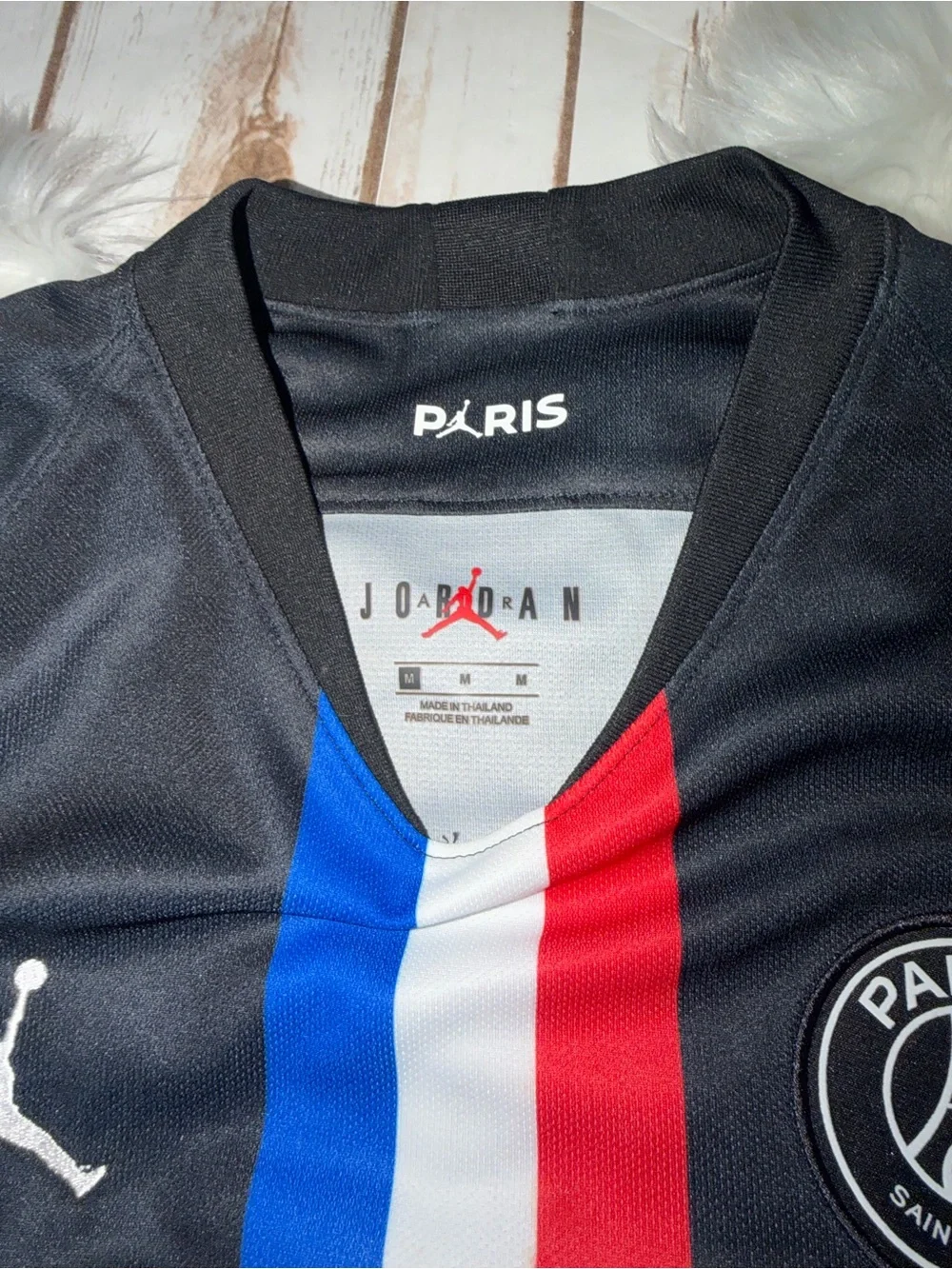 Jordan Black PSG Jersey with Blue-White-Red Stripe